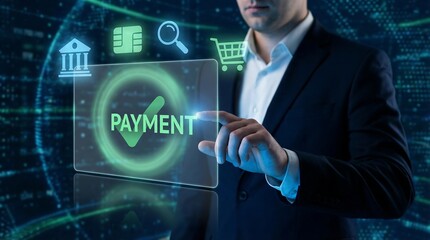 Professional interacting with a futuristic digital interface, confirming secure online payment, highlighting innovation in financial technology and e-commerce.