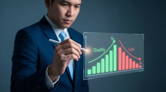 Asian businessman in a suit analyzing a holographic graph showing increasing quality and decreasing costs, representing business growth and efficiency.
