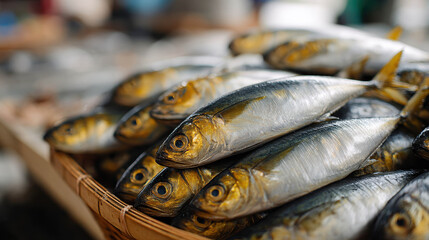 Fresh Fish Displayed in a Market Basket, Highlighting the Vibrant Colors and Textures of Seafood for Commercial Use in Professional Settings