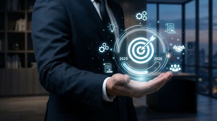 Businessman shows future business strategy with glowing holographic target, symbolizing goal achievement, innovation, and successful corporate growth planning for years 2025 and 2026.