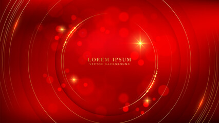 Luxury red background with elegant golden lines, glowing light, and bokeh effects
