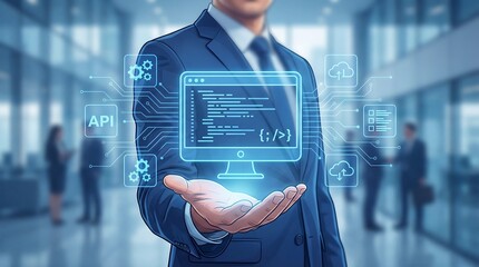 A businessman in a suit presents a futuristic holographic interface displaying code, APIs, and cloud icons, symbolizing digital transformation and technological integration.