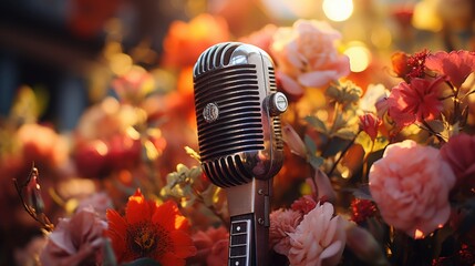 A vintage microphone stands amidst vibrant blooming flowers during sunset, surrounded by floating musical notes, capturing the essence of creativity and harmony in nature.
