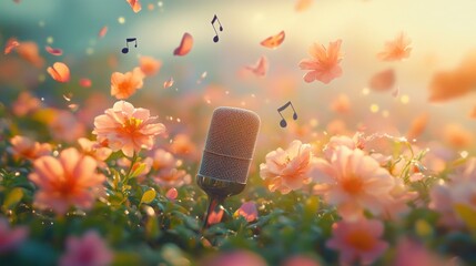 A vintage microphone stands amidst vibrant blooming flowers during sunset, surrounded by floating musical notes, capturing the essence of creativity and harmony in nature.