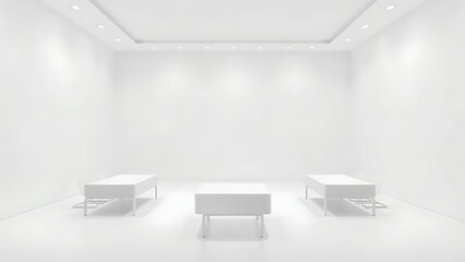 austere. Minimalist white room with simple square furniture and stark lighting. real-estate listings, architecture portfolios, designed for interior renovation comparisons for interiors.