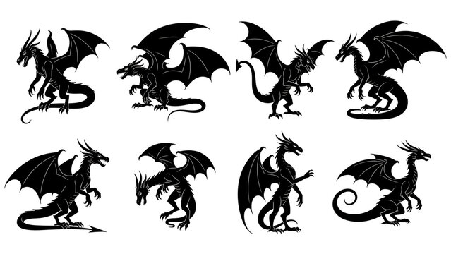 Collection of black dragon silhouettes isolated on transparent background