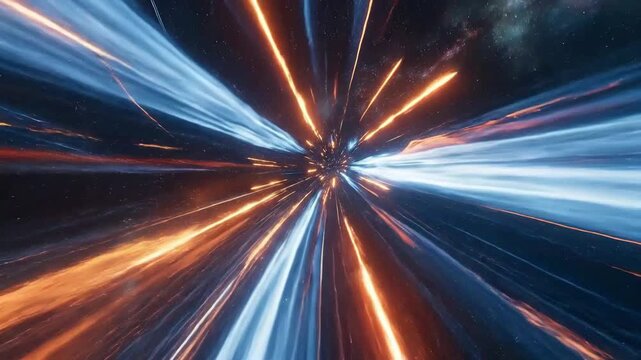 Abstract Digital Tunnel With Dynamic Orange And Blue Light Streaks on Black Background