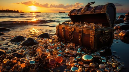 Treasure chest overflowing with jewels and coins on a sunlit beach at sunset