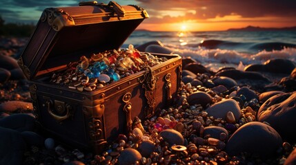 A treasure chest filled with colorful jewels and coins is resting on a sandy beach, illuminated by the warm glow of a setting sun over the ocean waves.