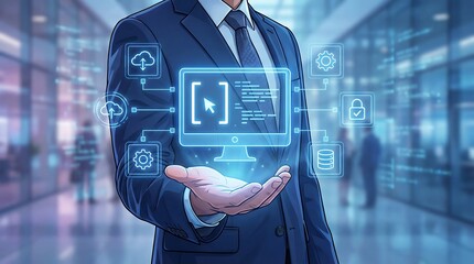 Professional businessman presenting a glowing digital interface with cloud computing, security, and database icons connected to a computer screen, symbolizing technology and innovation.