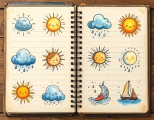 Charming hand-drawn weather icons depicted within a spiral-bound notebook. Illustrations include smiling suns, clouds, and rain