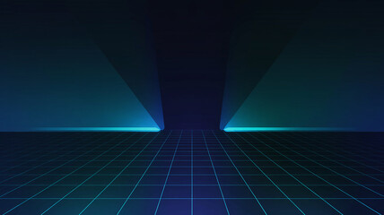 Abstract Neon Grid Floor with Glowing Blue Light Beams Perspective background