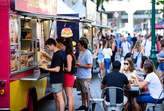 Bustling city street featuring vibrant food trucks and enthusiastic customers enjoying outdoor
