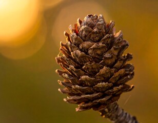 Close-up focus on a pine cone in golden hour lighting, with an out-of-focus background