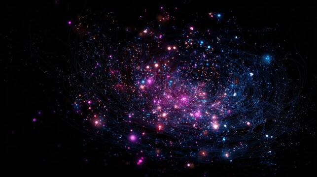 Abstract cosmic visualization of glowing pink and blue particles in space