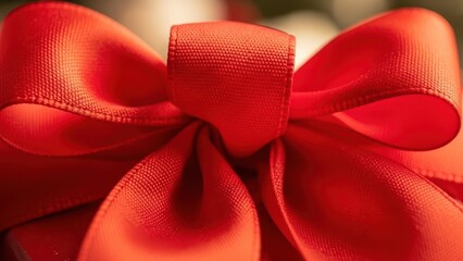 Close-up of a red ribbon bow on a gift box during Christmas celebration
