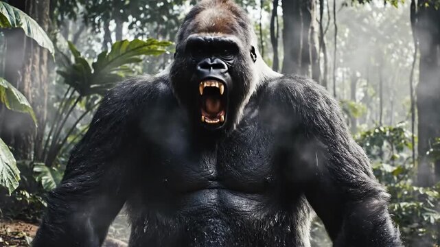 Powerful silverback gorilla chest beating in a misty jungle clearing