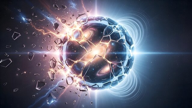 Collapsing cosmic sphere exploding outwards revealing galaxy within light bursts and debris