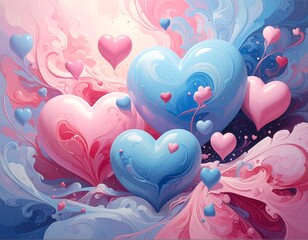 Soft pastel heart shapes floating on a swirly, dreamy background