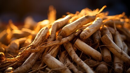 Bundles of freshly harvested roots lie in sunlight, showcasing their earthy texture and unique shapes, indicating a successful harvest season in autumn.