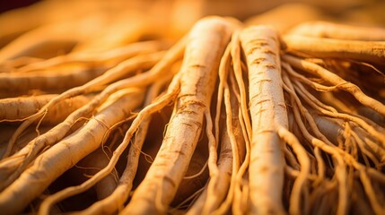 Bundles of freshly harvested roots lie in sunlight, showcasing their earthy texture and unique shapes, indicating a successful harvest season in autumn.