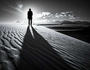 Black and white landscape featuring a solitary figure silhouetted against a bright sun atop a sand dune, casting a long shadow