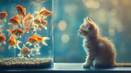 A young ginger kitten sits attentively by a glass bowl filled with lively goldfish. The warm light creates a calm atmosphere in the cozy living room.