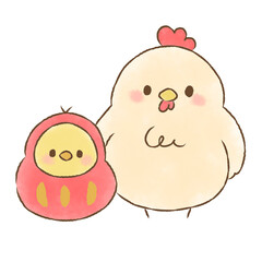 日本の干支　鶏とダルマに変装したひよこのイラスト © hiyokomame