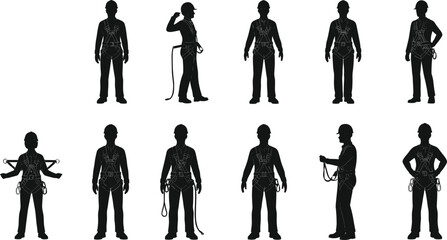 Safety harness silhouettes, fall protection gear, industrial worker posture, black figures, strap adjustment, rope handling, inspection stance, construction safety © Motahar
