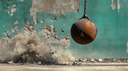 Demolition ball swings powerfully through old brick wall, sending debris flying in urban construction site