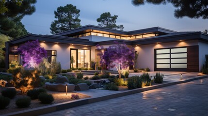 Modern residential architecture featuring large glass windows and a stunning outdoor landscape in the evening light