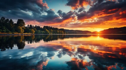 Beautiful sunset reflected on calm lake surrounded by lush trees in a serene natural landscape during golden hour