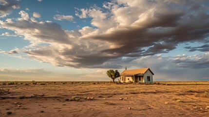 Abandoned house in a drought-stricken landscape during a vibrant sunset