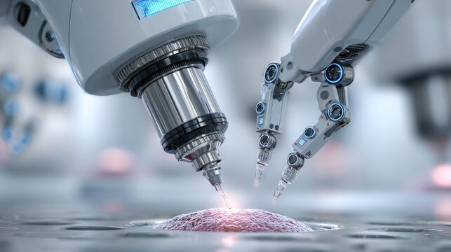 Advanced robotic arms performing precision micro surgery or high-tech lab procedure