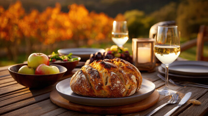 Rustic Countryside Harvest Feast with Fresh Bread, Apples, and Wine Surrounded by Nature's Beauty at Sunset