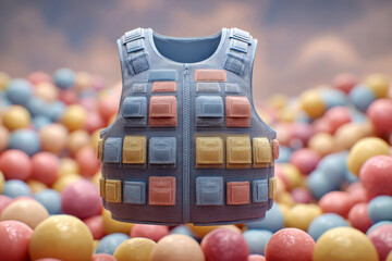 Colorful tactical vest with pastel pouches floating over soft balls
