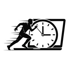 Man running fast next to clock on laptop
