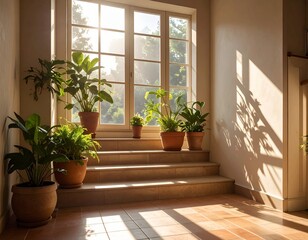 Sunlit stair landing by window with potted plants in late morning, sharp plant shadows on tile and warm neutral tones creating calm.
