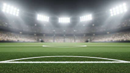 Obraz premium Empty soccer stadium with bright lights and green grass field.