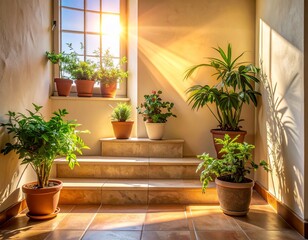 Sunlit stair landing by window with potted plants in late morning, sharp plant shadows on tile and warm neutral tones creating calm.