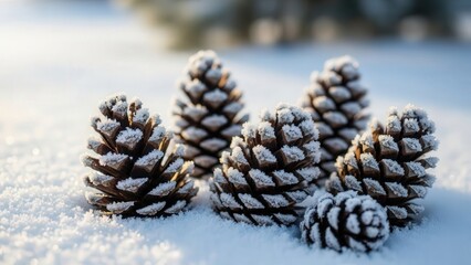Snow-covered pine cones in a serene winter landscape