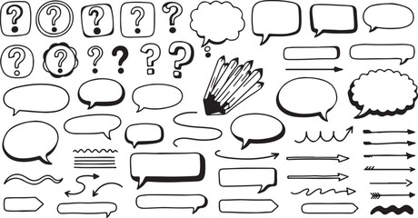 Black and White Speech Bubbles and Question Marks on White Background, Comic Style
