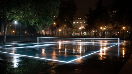 Illuminated tennis court at night after rain creates a reflective scene
