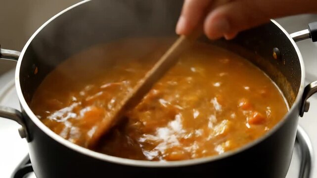 具材たっぷりのカレーをかき混ぜる（料理・洋食・鍋)