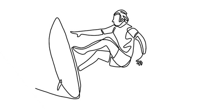 continuous line animation of young professional surfer in action riding the waves