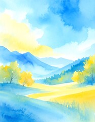 Watercolor landscape of mountains and valley