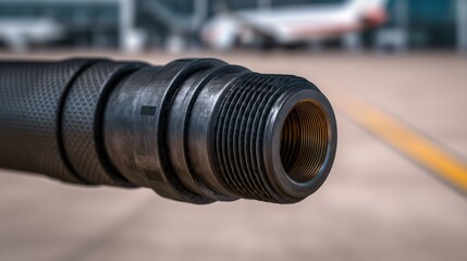 SAF fueling nozzle connector. close-up of a high-tech robotic fuel nozzle plugging into an aircraft wing. matte metallic textures and carbon fiber details.