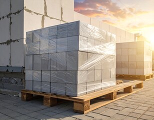 Stacked, wrapped concrete blocks on pallets, building construction site