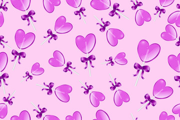 Cute heart shaped lollipops seamless pattern. Purple love candy background in light pink tones for Valentine's Day wallpapers, textile prints, fabrics, tablecloths, gift wrap and print designs