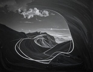 Black and white landscape framed within a textured arch. Clouds drift above winding roads nestled amongst rugged hills